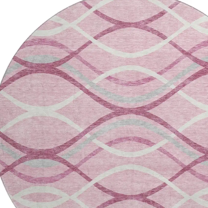 8' Pink Ivory And Gray Abstract Washable Round Rug With UV Protection Photo 3