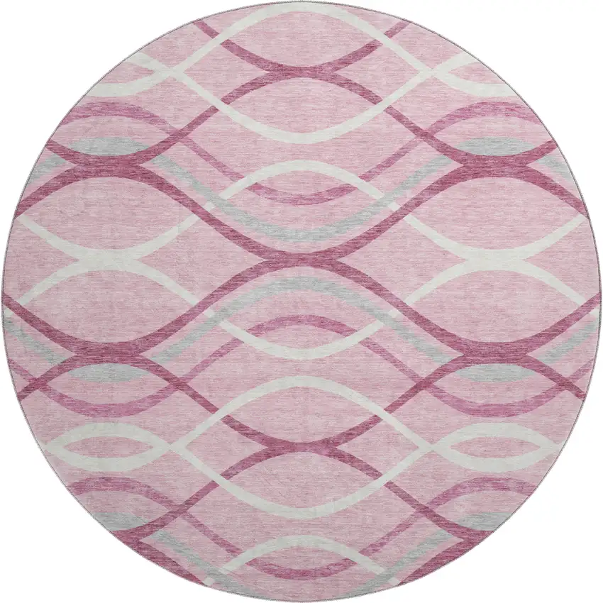 8' Pink Ivory And Gray Abstract Washable Round Rug With UV Protection Photo 1