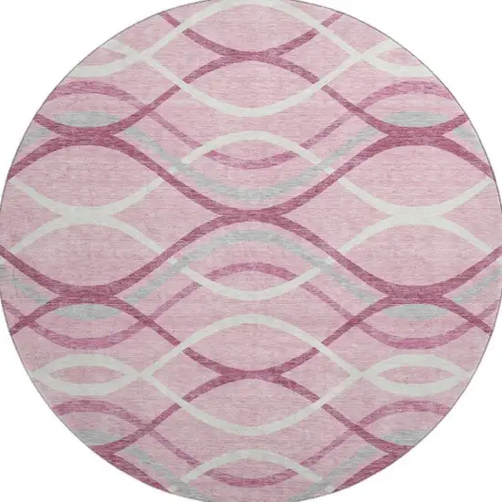 8' Pink Ivory And Gray Abstract Washable Round Rug With UV Protection Photo 4