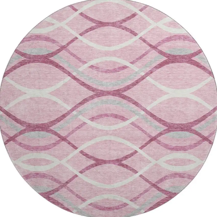8' Pink Ivory And Gray Abstract Washable Round Rug With UV Protection Photo 4