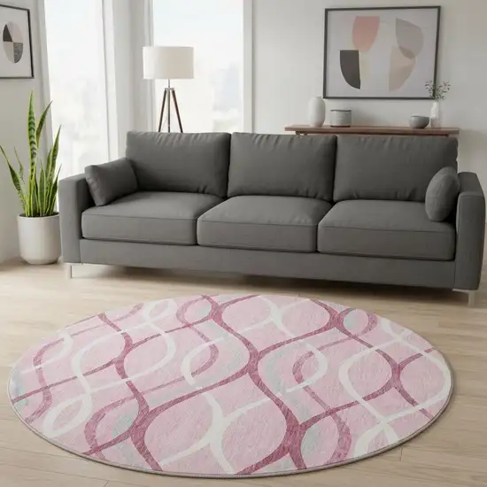 8' Pink Ivory And Gray Abstract Washable Round Rug With UV Protection Photo 2