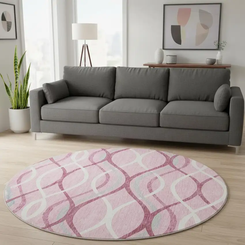 8' Pink Ivory And Gray Abstract Washable Round Rug With UV Protection Photo 2
