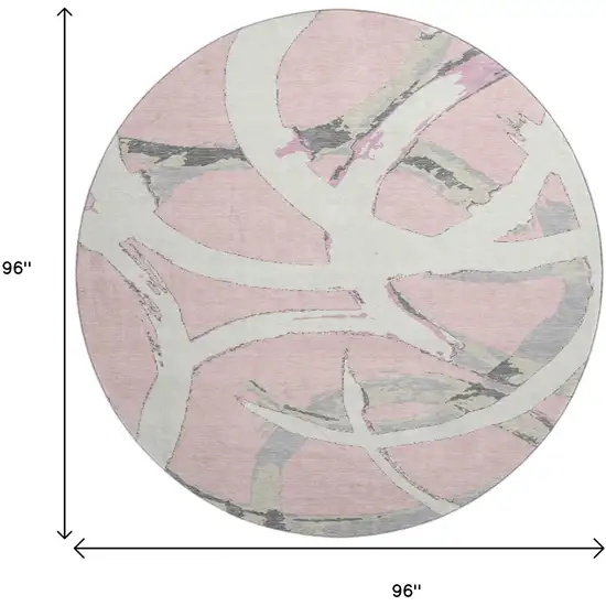 8' Pink Ivory And Gray Abstract Washable Round Rug With UV Protection Photo 8