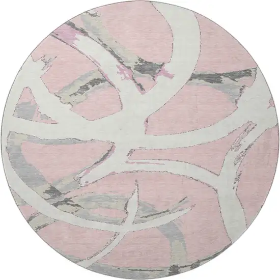8' Pink Ivory And Gray Abstract Washable Round Rug With UV Protection Photo 2