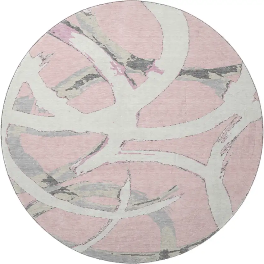 8' Pink Ivory And Gray Abstract Washable Round Rug With UV Protection Photo 2