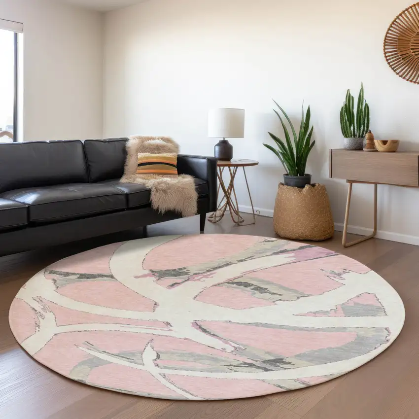 8' Pink Ivory And Gray Abstract Washable Round Rug With UV Protection Photo 3
