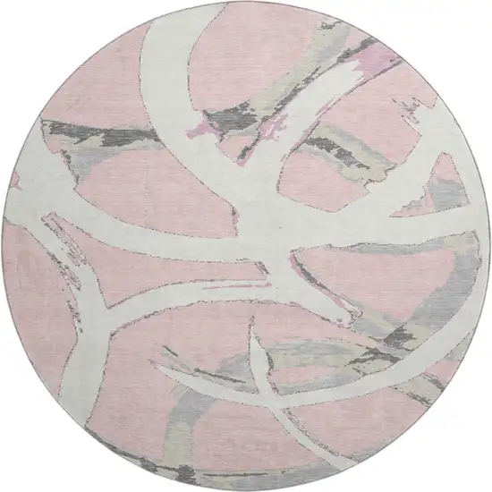 8' Pink Ivory And Gray Abstract Washable Round Rug With UV Protection Photo 1