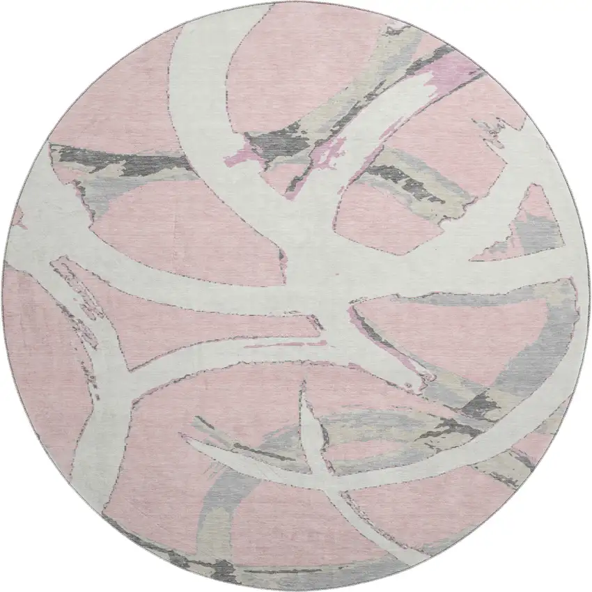 8' Pink Ivory And Gray Abstract Washable Round Rug With UV Protection Photo 1