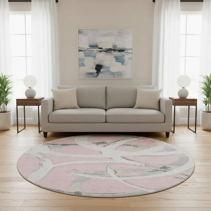 8' Pink Ivory And Gray Abstract Washable Round Rug With UV Protection Photo 2