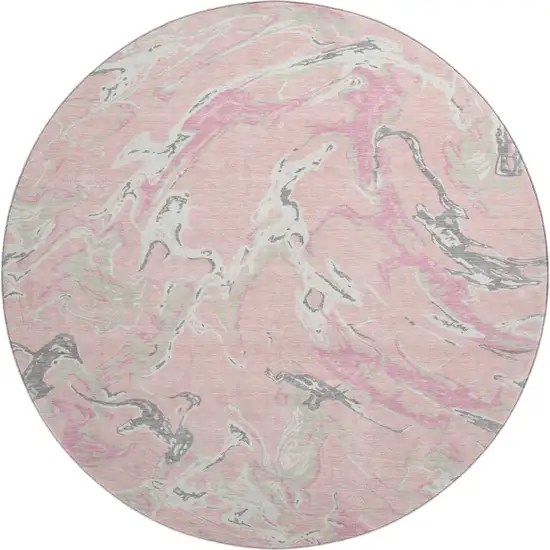 8' Pink Ivory And Gray Abstract Washable Round Rug With UV Protection Photo 1