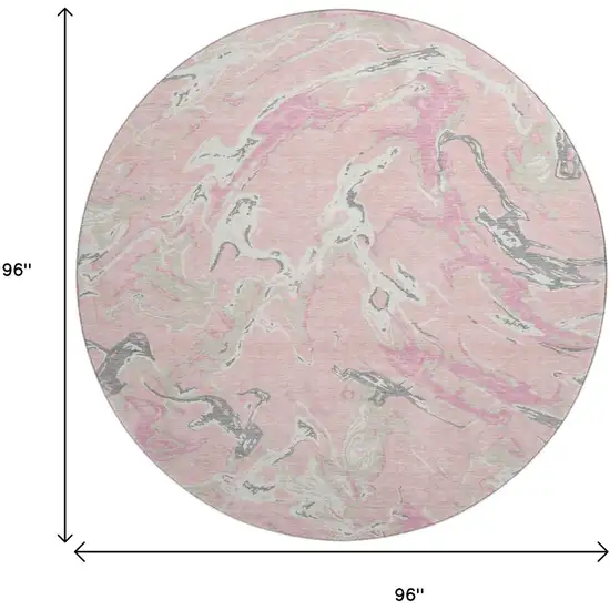 8' Pink Ivory And Gray Abstract Washable Round Rug With UV Protection Photo 9