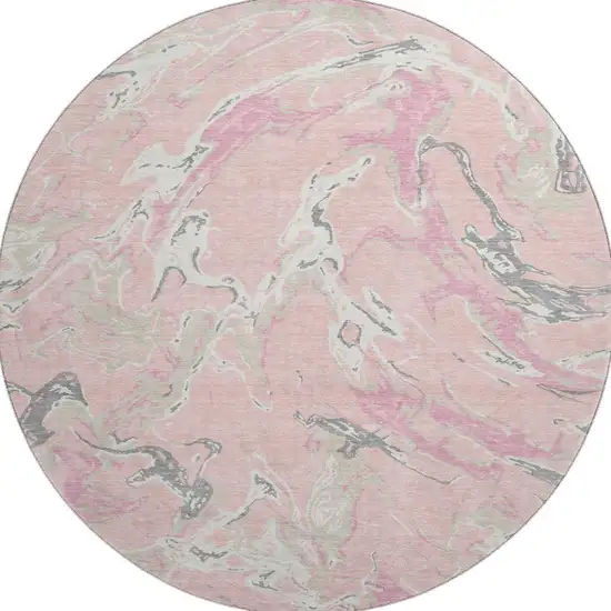 8' Pink Ivory And Gray Abstract Washable Round Rug With UV Protection Photo 3