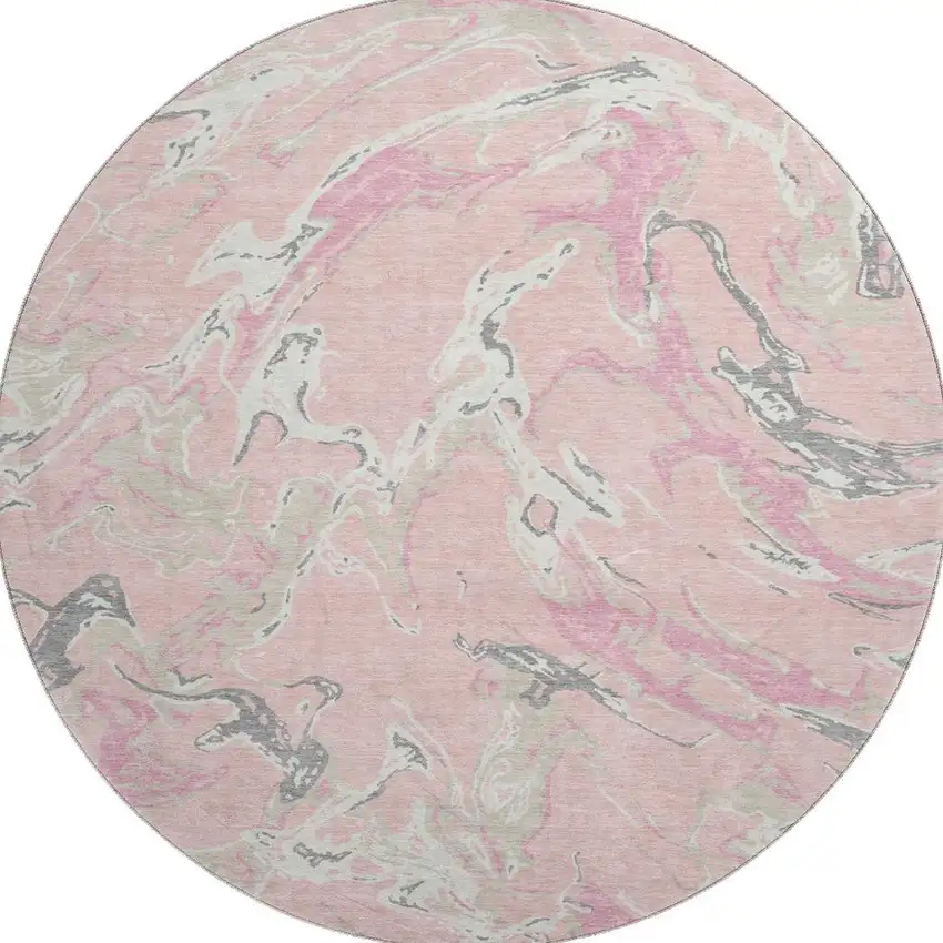 8' Pink Ivory And Gray Abstract Washable Round Rug With UV Protection Photo 3