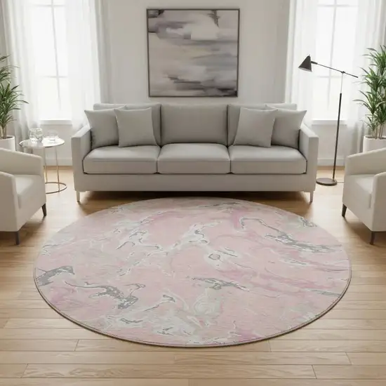 8' Pink Ivory And Gray Abstract Washable Round Rug With UV Protection Photo 2