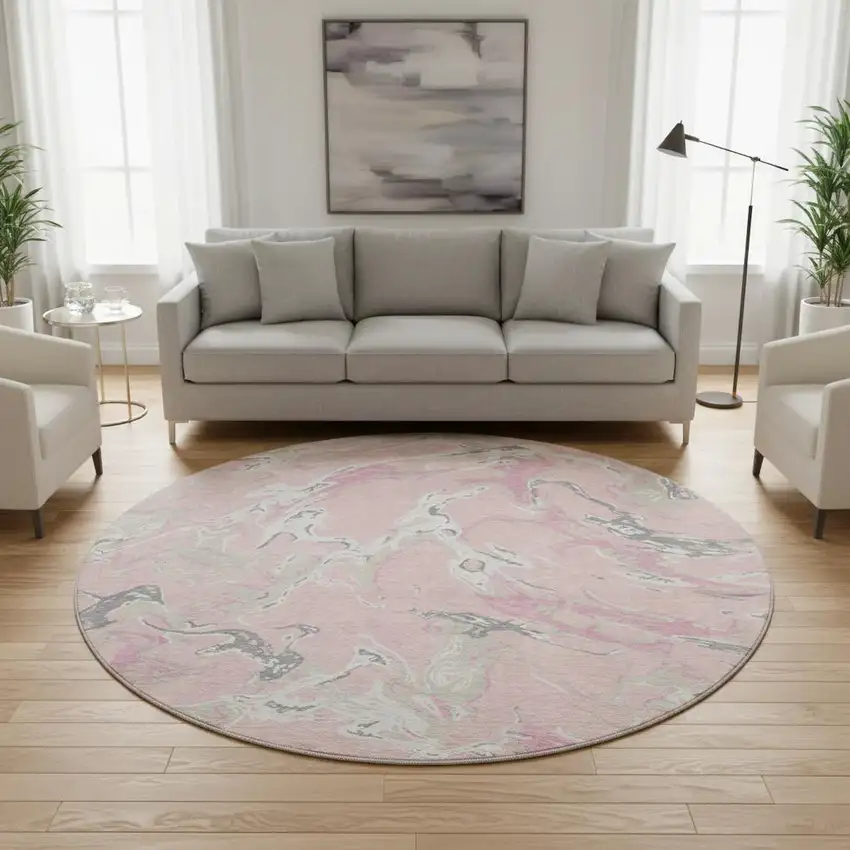 8' Pink Ivory And Gray Abstract Washable Round Rug With UV Protection Photo 2