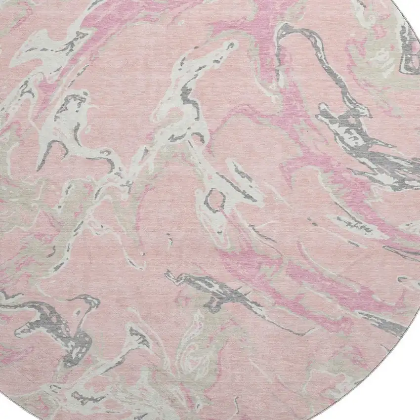 8' Pink Ivory And Gray Abstract Washable Round Rug With UV Protection Photo 2