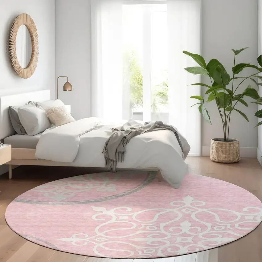 8' Pink Ivory And Gray Floral Medallion Washable Round Rug With UV Protection Photo 5