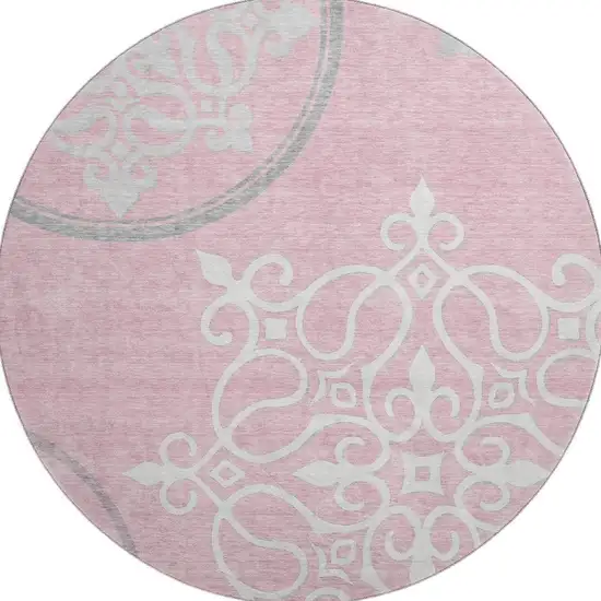 8' Pink Ivory And Gray Floral Medallion Washable Round Rug With UV Protection Photo 4