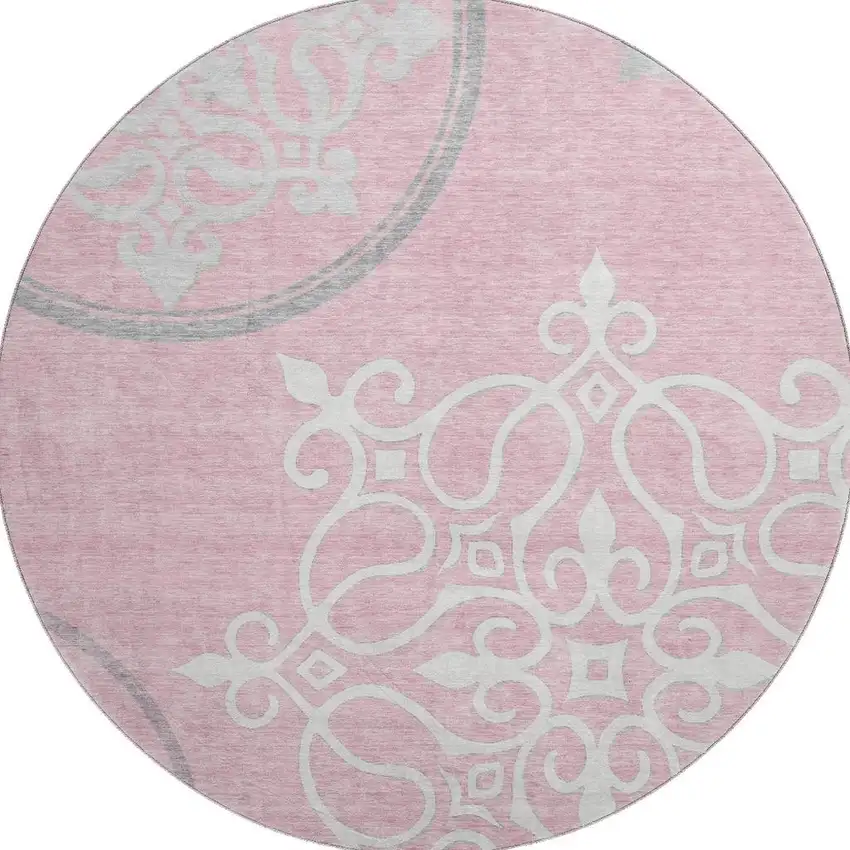 8' Pink Ivory And Gray Floral Medallion Washable Round Rug With UV Protection Photo 4