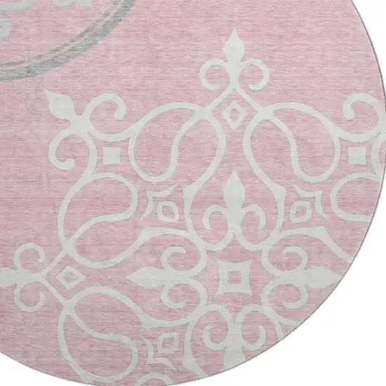 8' Pink Ivory And Gray Floral Medallion Washable Round Rug With UV Protection Photo 3