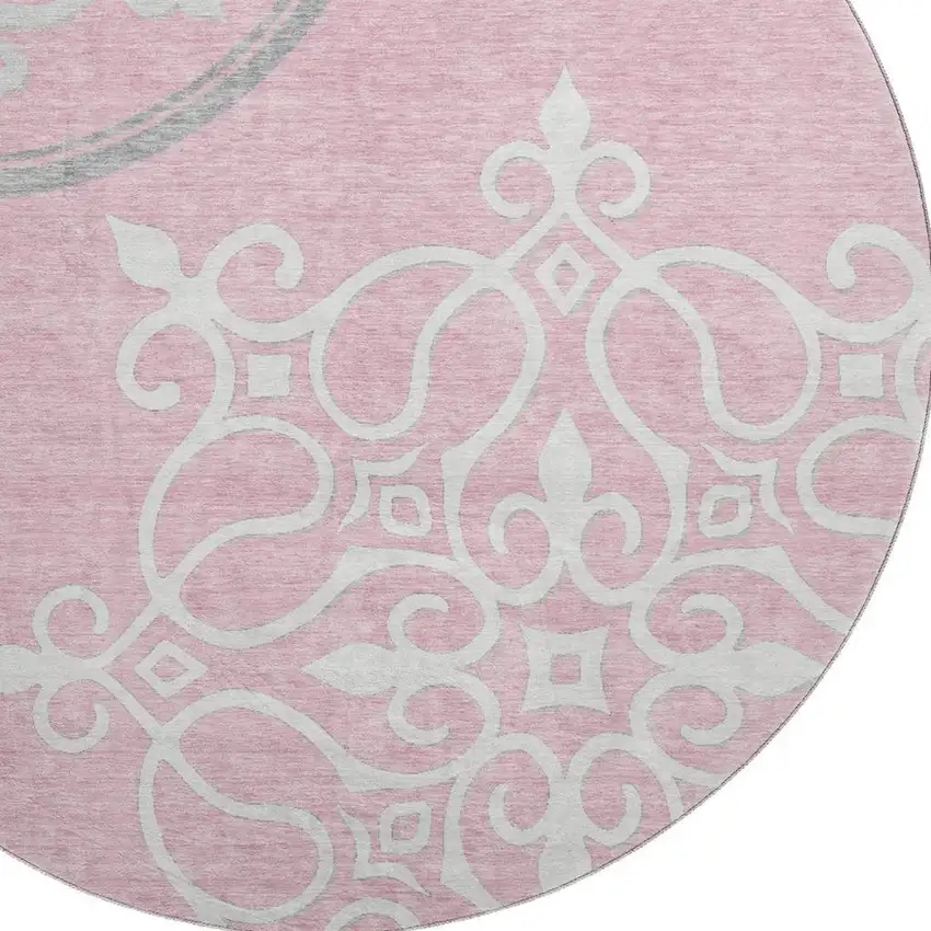 8' Pink Ivory And Gray Floral Medallion Washable Round Rug With UV Protection Photo 3