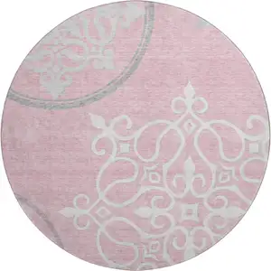 Photo of 8' Pink Ivory And Gray Floral Medallion Washable Round Rug With UV Protection
