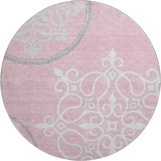 8' Pink Ivory And Gray Floral Medallion Washable Round Rug With UV Protection Photo 1