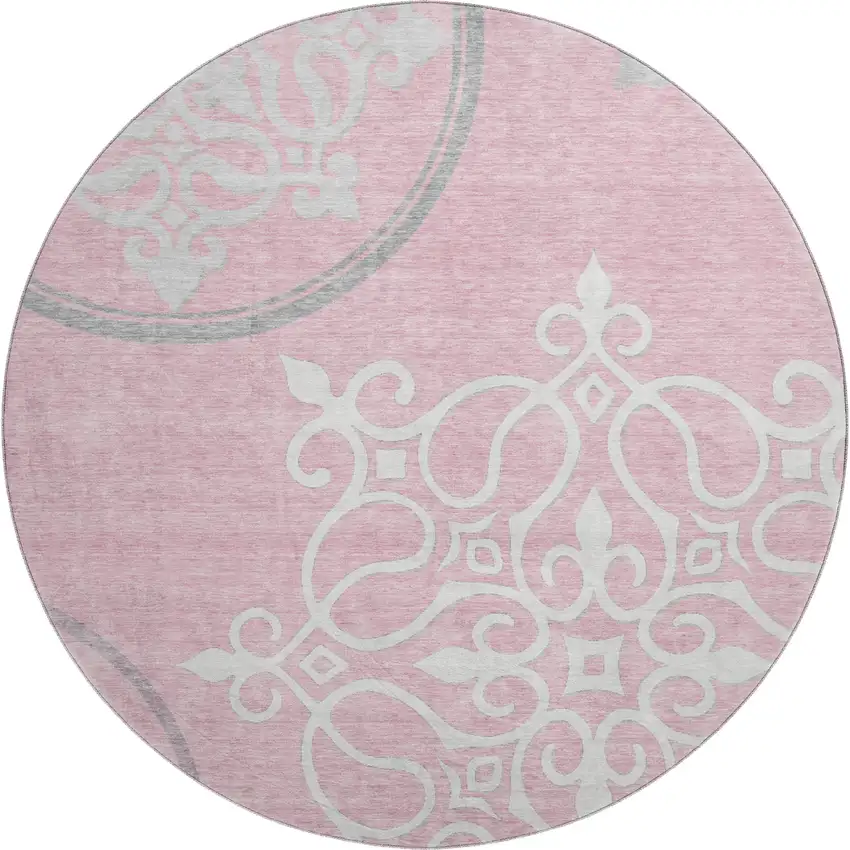 8' Pink Ivory And Gray Floral Medallion Washable Round Rug With UV Protection Photo 1