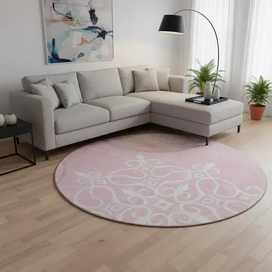8' Pink Ivory And Gray Floral Medallion Washable Round Rug With UV Protection Photo 2