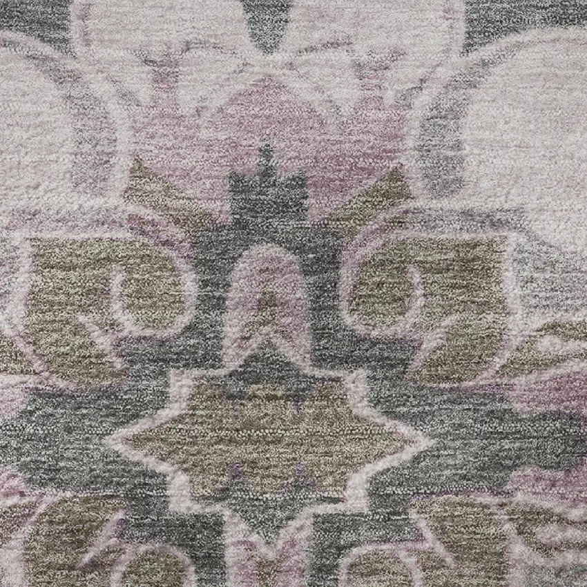 8' Pink Ivory And Gray Floral Medallion Washable Round Rug With UV Protection Photo 9