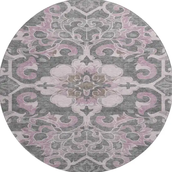 8' Pink Ivory And Gray Floral Medallion Washable Round Rug With UV Protection Photo 4