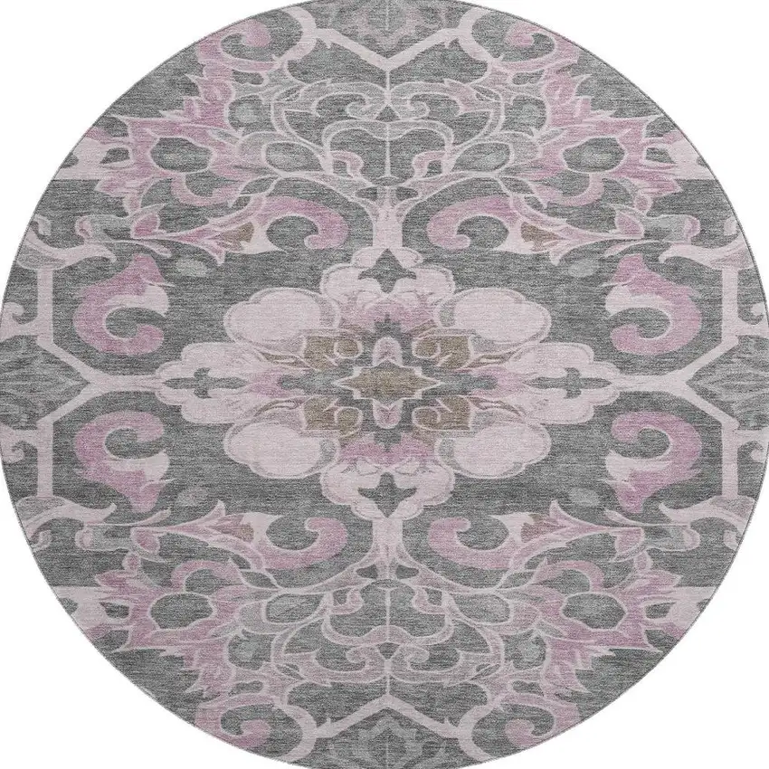 8' Pink Ivory And Gray Floral Medallion Washable Round Rug With UV Protection Photo 4