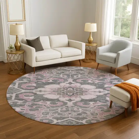 8' Pink Ivory And Gray Floral Medallion Washable Round Rug With UV Protection Photo 5
