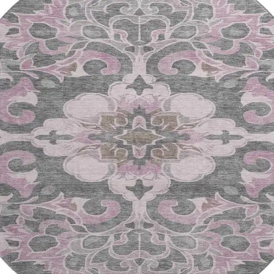 8' Pink Ivory And Gray Floral Medallion Washable Round Rug With UV Protection Photo 3