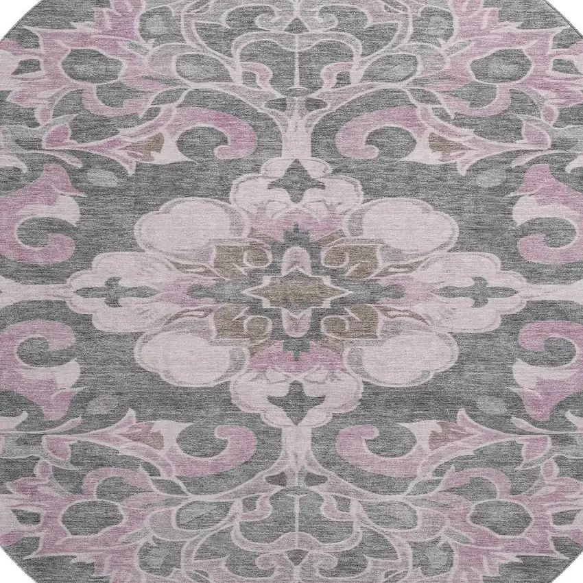 8' Pink Ivory And Gray Floral Medallion Washable Round Rug With UV Protection Photo 3