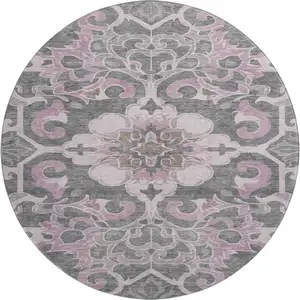 Photo of 8' Pink Ivory And Gray Floral Medallion Washable Round Rug With UV Protection