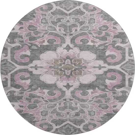 8' Pink Ivory And Gray Floral Medallion Washable Round Rug With UV Protection Photo 1