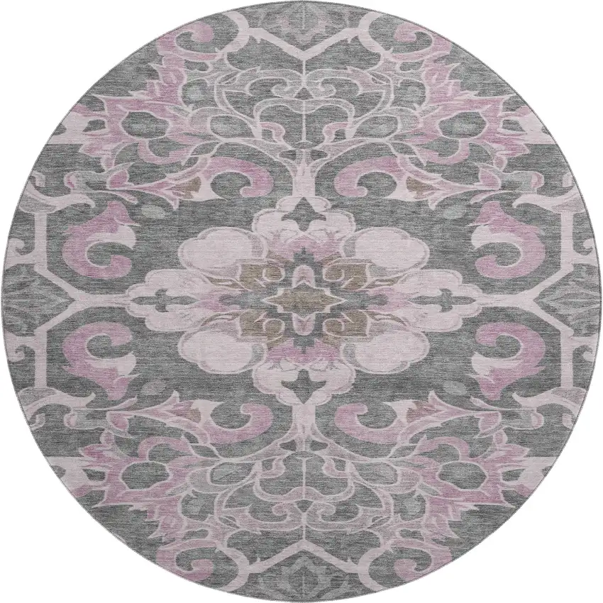 8' Pink Ivory And Gray Floral Medallion Washable Round Rug With UV Protection Photo 1