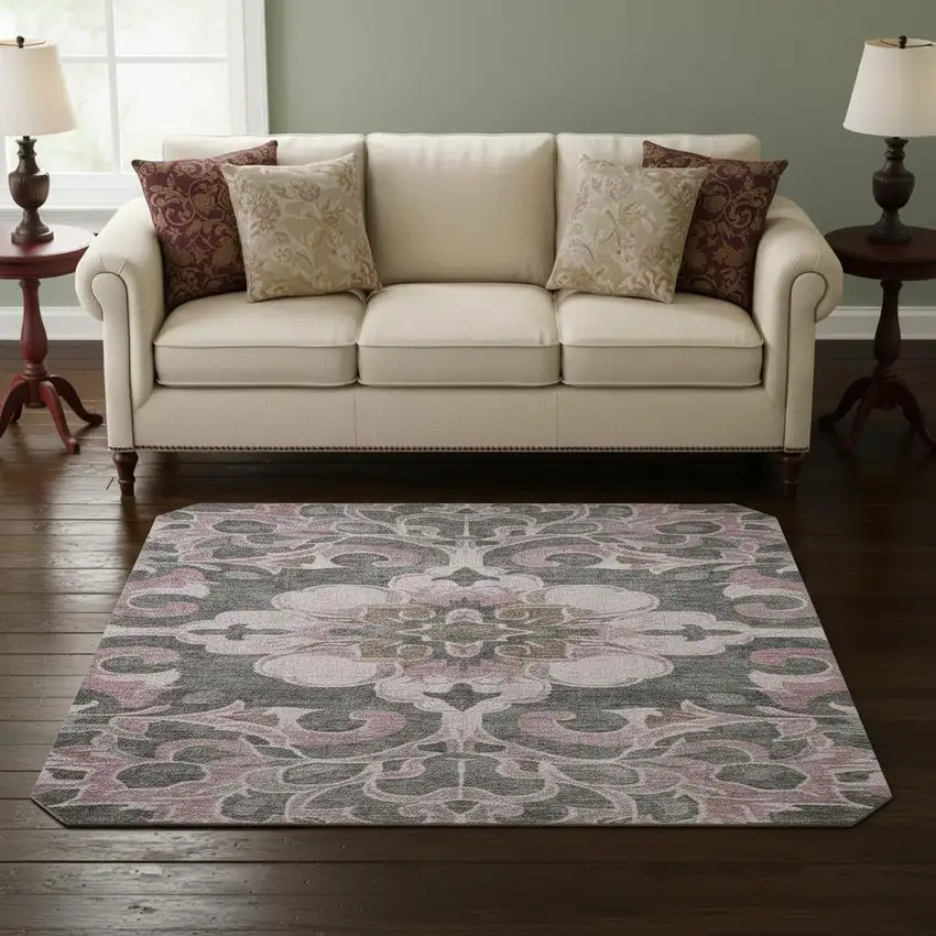 8' Pink Ivory And Gray Floral Medallion Washable Round Rug With UV Protection Photo 2
