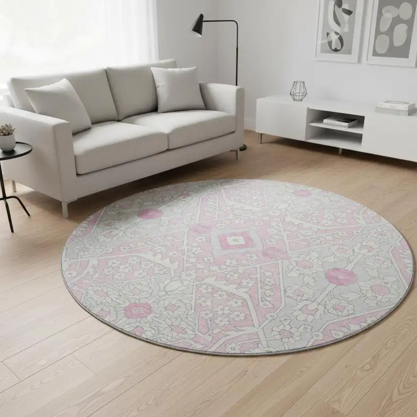 8' Pink Ivory And Gray Floral Washable Round Rug With UV Protection Photo 1