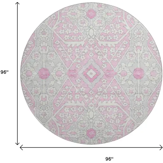 8' Pink Ivory And Gray Floral Washable Round Rug With UV Protection Photo 3