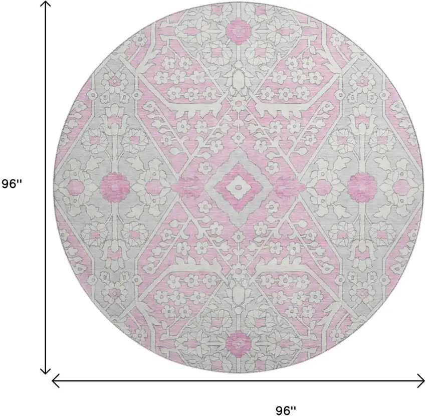8' Pink Ivory And Gray Floral Washable Round Rug With UV Protection Photo 3