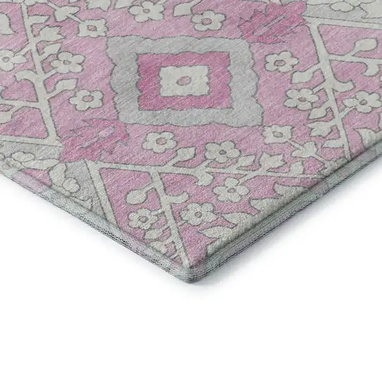 8' Pink Ivory And Gray Floral Washable Round Rug With UV Protection Photo 8