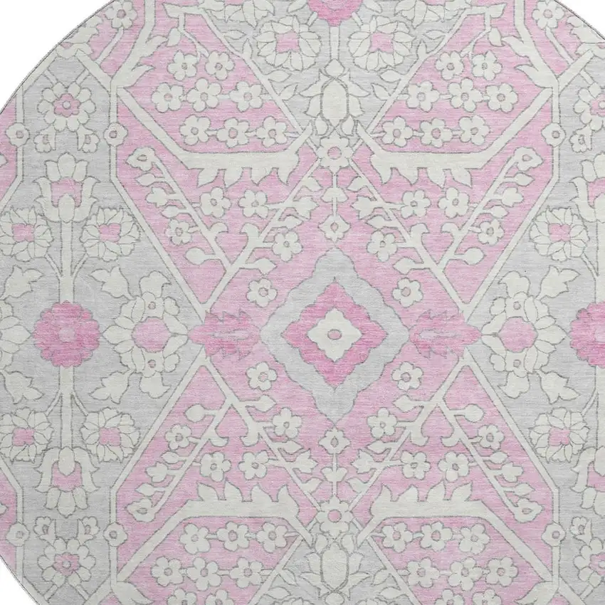 8' Pink Ivory And Gray Floral Washable Round Rug With UV Protection Photo 4