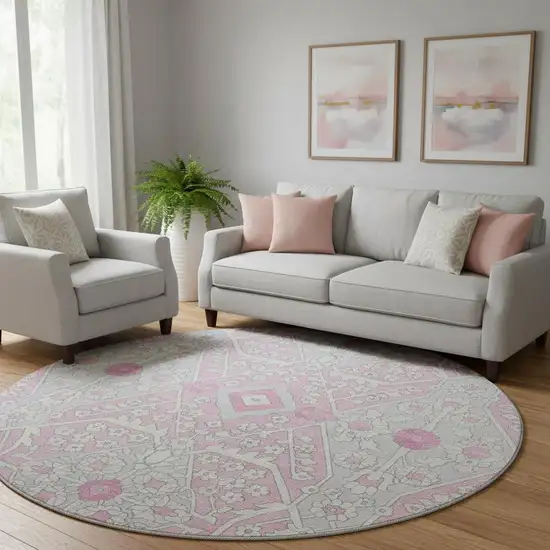 8' Pink Ivory And Gray Floral Washable Round Rug With UV Protection Photo 1