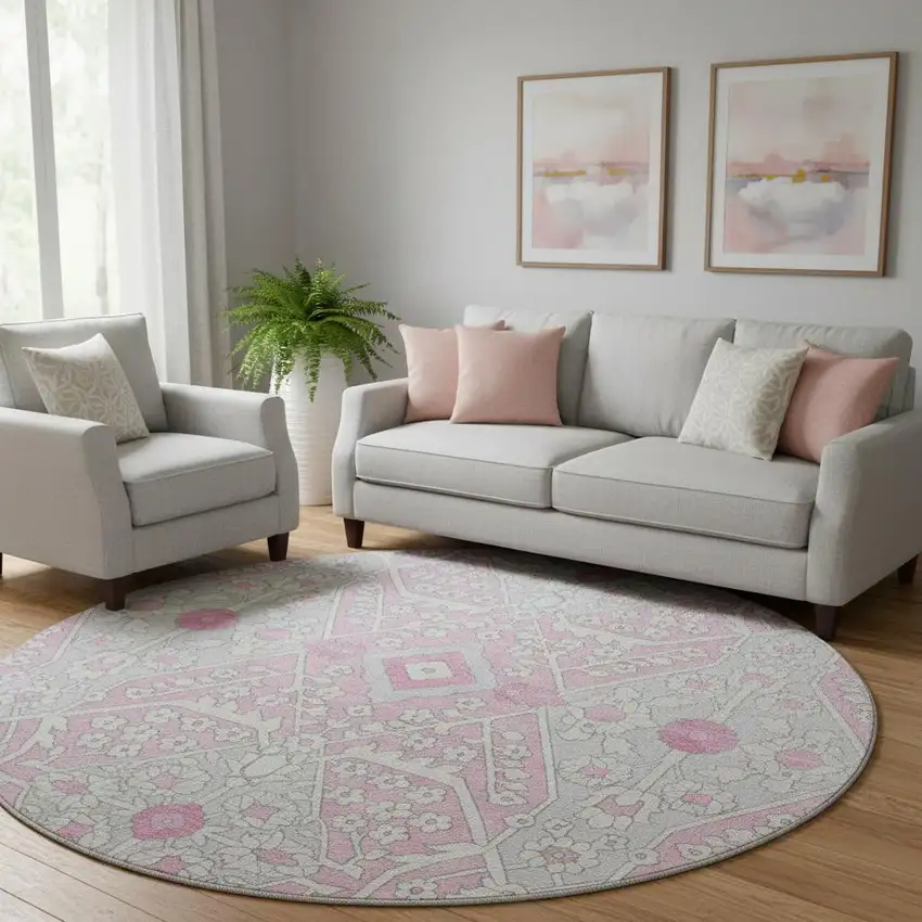 8' Pink Ivory And Gray Floral Washable Round Rug With UV Protection Photo 1