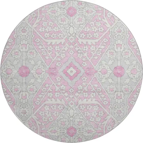 8' Pink Ivory And Gray Floral Washable Round Rug With UV Protection Photo 2