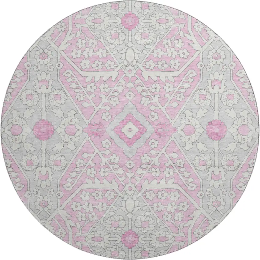 8' Pink Ivory And Gray Floral Washable Round Rug With UV Protection Photo 2