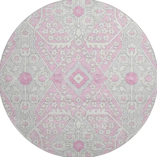 8' Pink Ivory And Gray Floral Washable Round Rug With UV Protection Photo 5