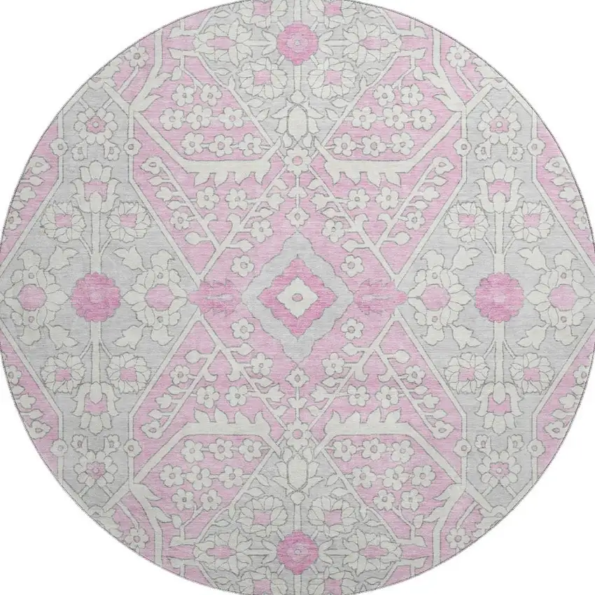 8' Pink Ivory And Gray Floral Washable Round Rug With UV Protection Photo 5